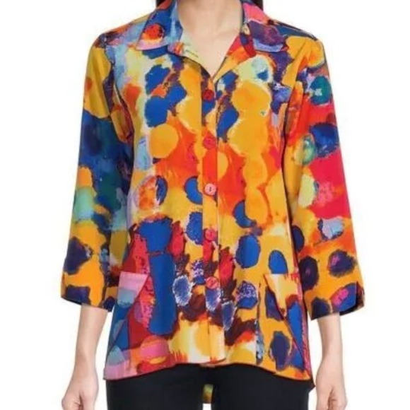 Ali Miles Tops - Ali Miles Artsy Watercolor Print Tunic Women's Sz XL Blue/Orange 3/4 Sleeve Top